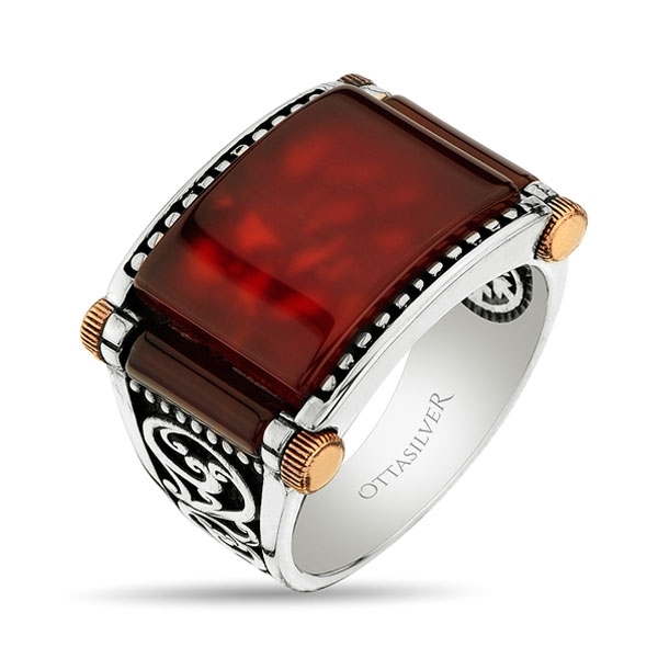 Red Agate Stone Sterling Silver Mens Ring