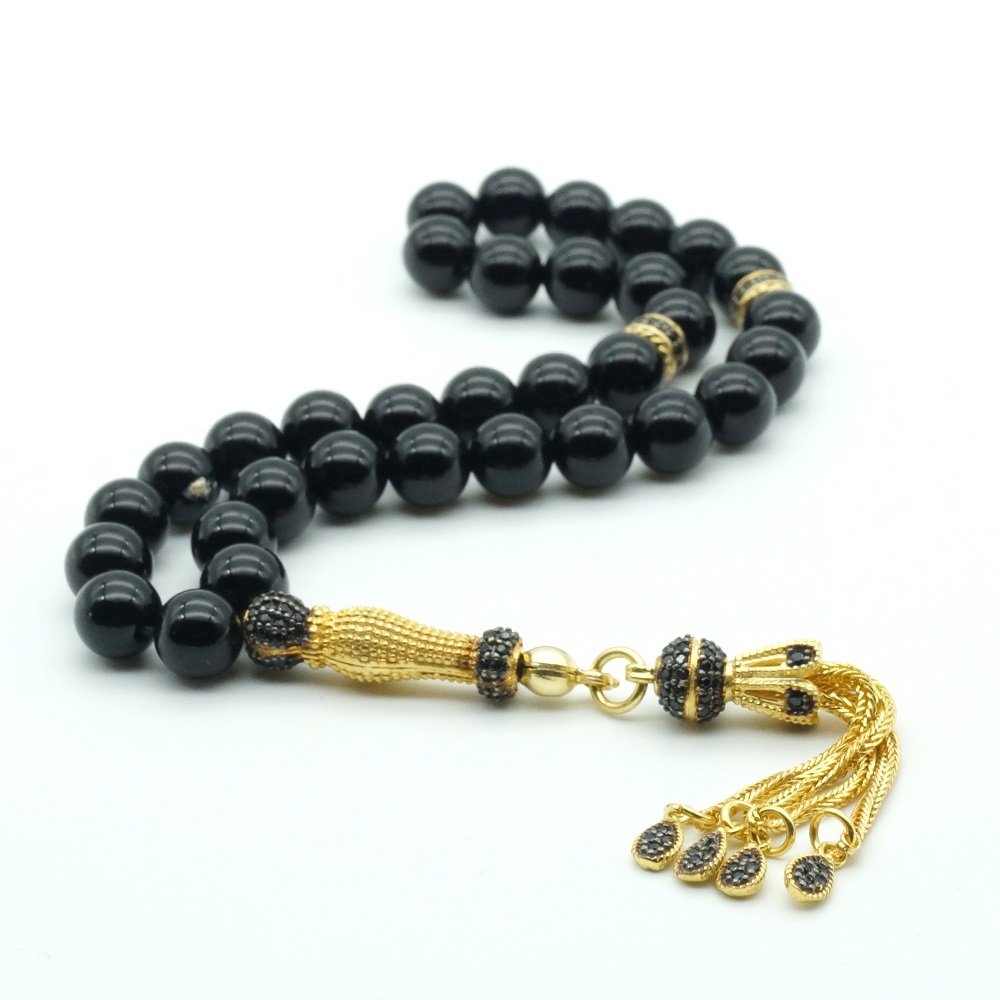 Black Onyx Tasbih with Gold Plated Silver Imame