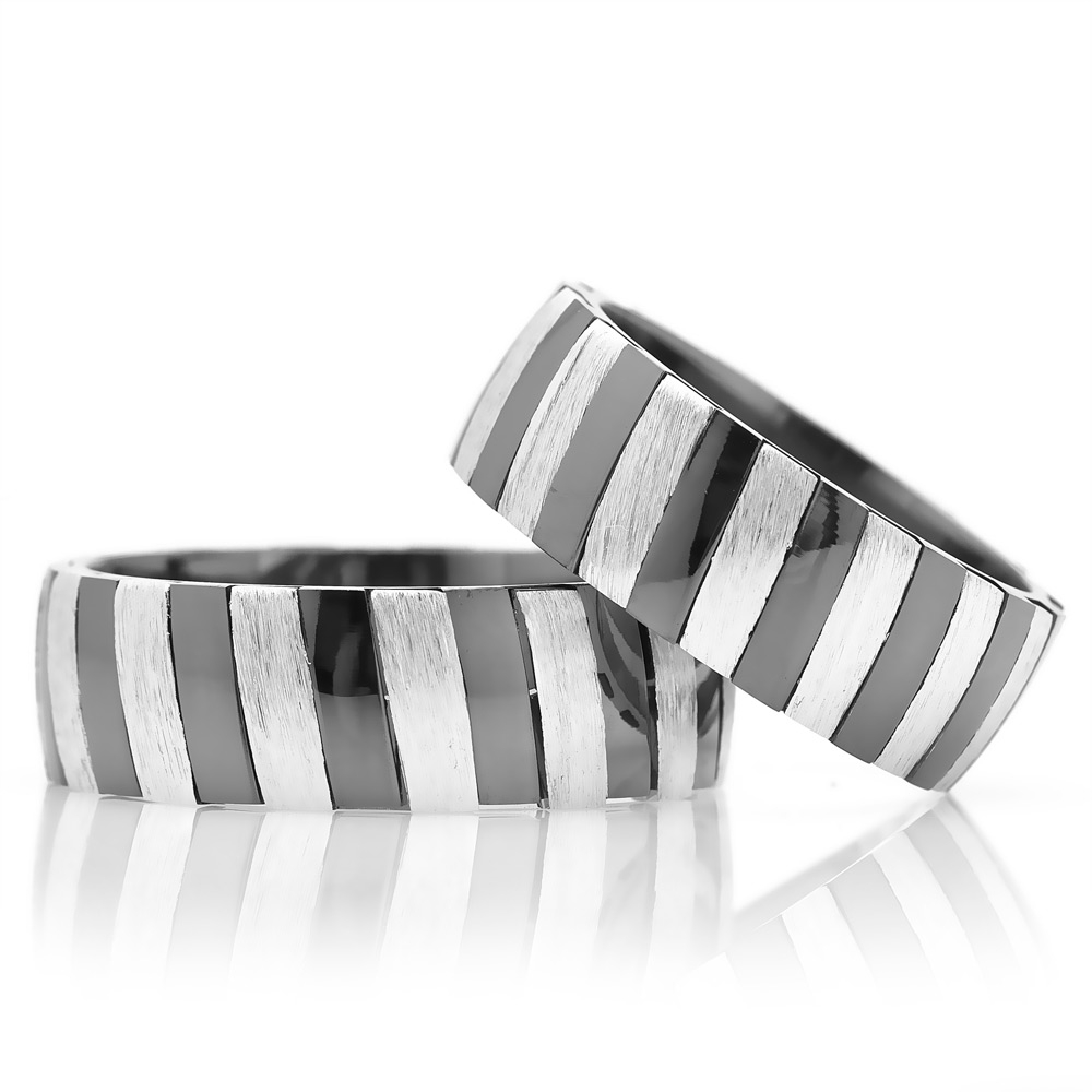 Silver Wedding Band Pair with Two Color Striped Design