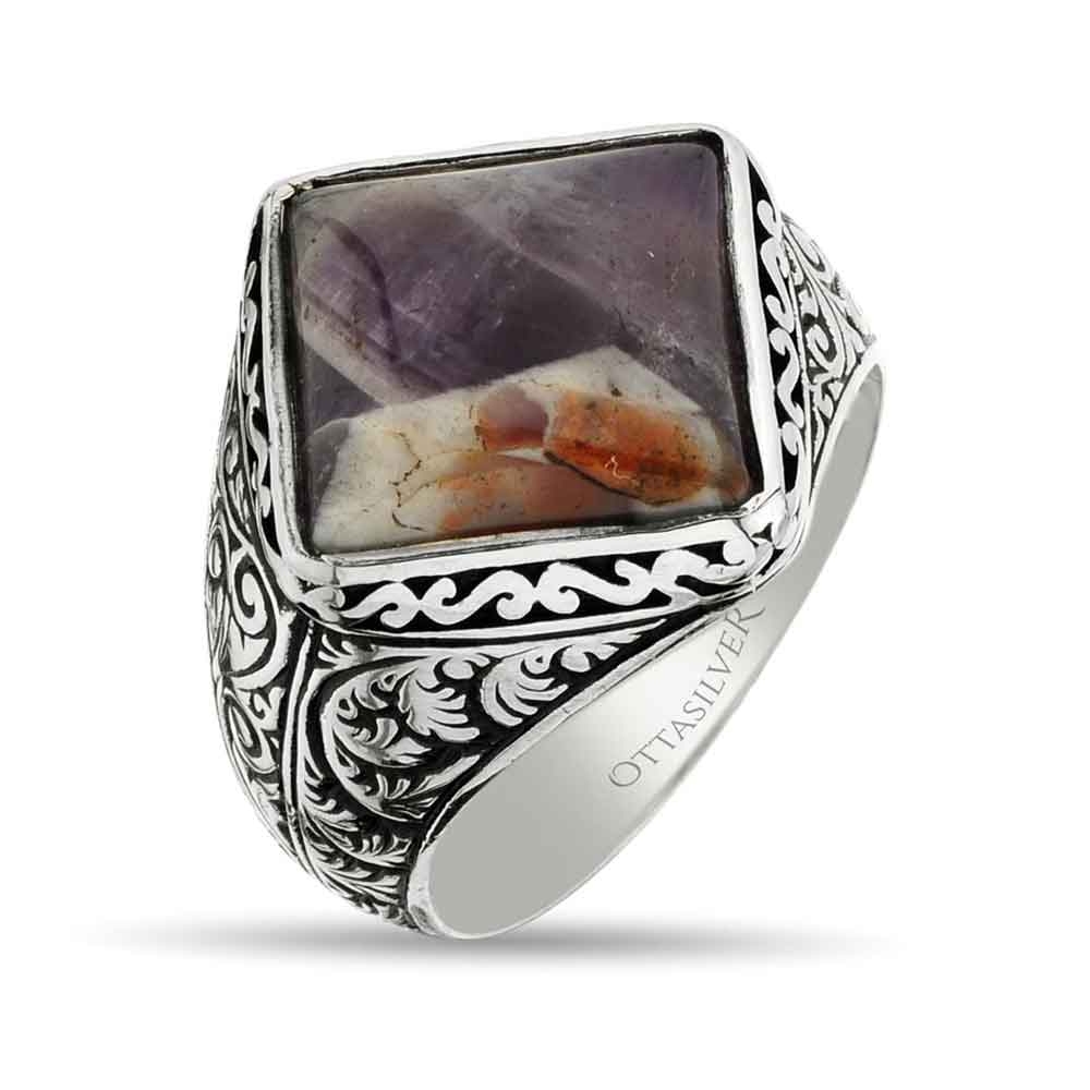 Square Men Minimal Ring with Amethyst Stone