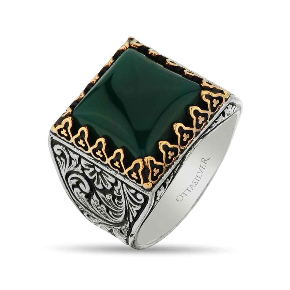  Square Men Ring in Silver with Green Agate Stone