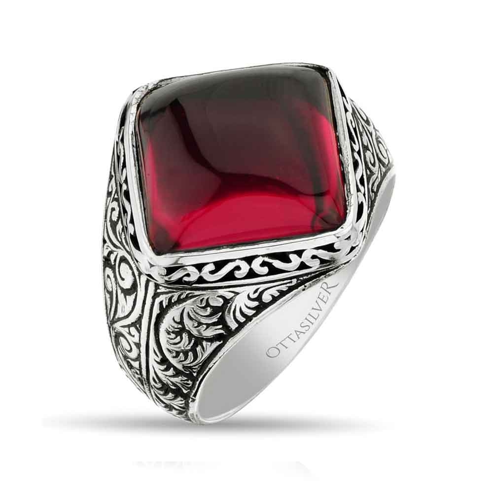 Minimalist Silver Men Ring with Red Amber Stone
