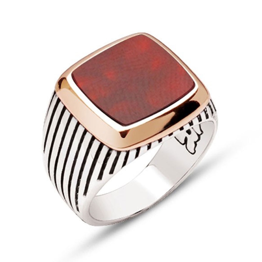  Red Agate Stone Sterling Silver Men's Ring